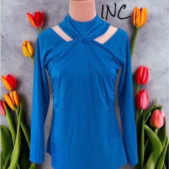 INC INTERNATIONAL CONCEPTS NWT MEDIUM TOP BLOUSE BRIGHT PEACOCK COLD SHOULDER - Picture 1 of 7